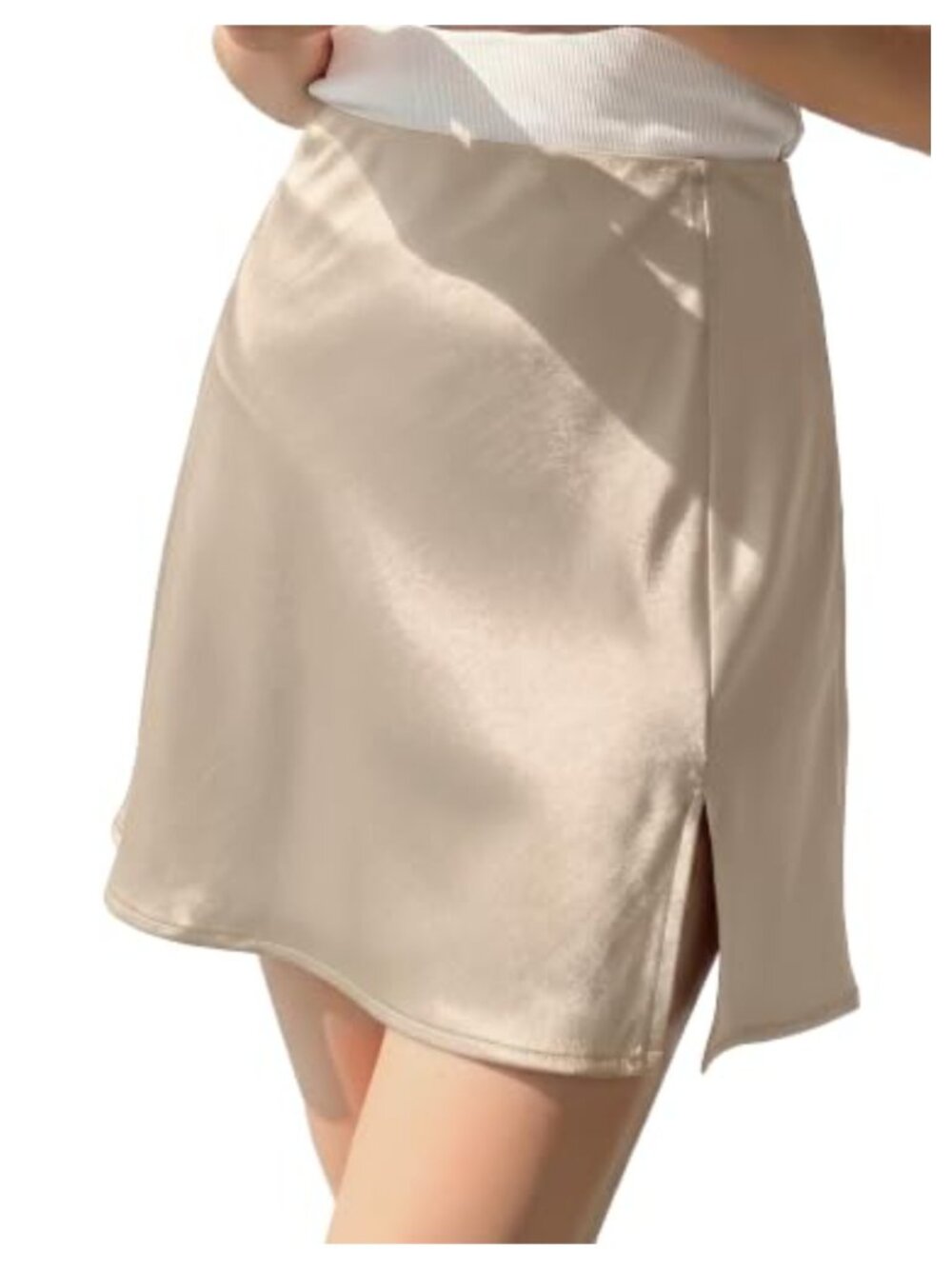 Satin Silky Mini Skirt High Waist A-Line Slit Front Women's